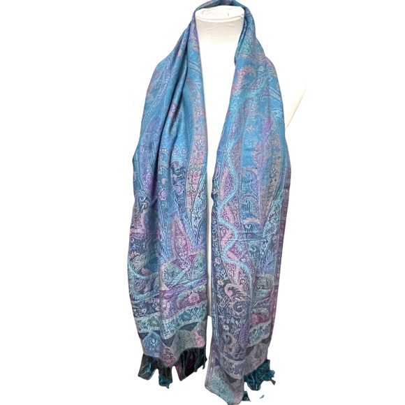 Women's Luxurious 100% Cashmere Paisley Shawl Scarf Teal Purple Fringe Bohemian - Picture 5 of 8
